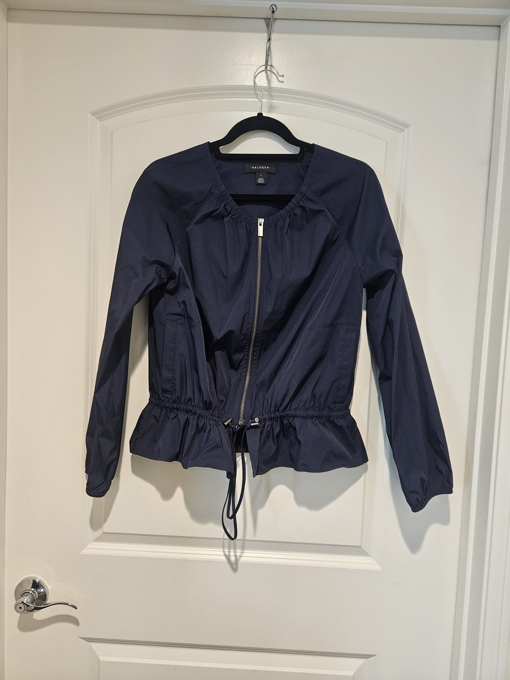 Halogen Navy Drawstring Peplum Zip Front Jacket # 920